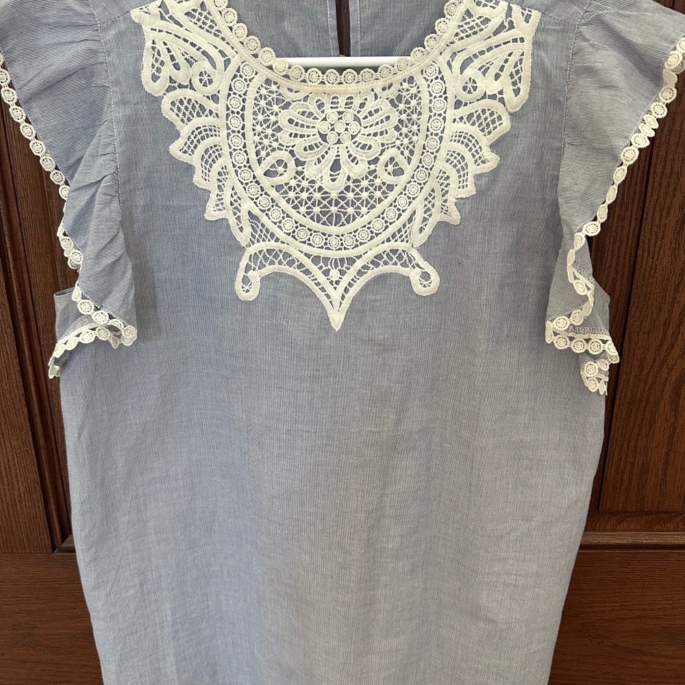 LOFT Light Blue Blouse with White Lace Accents